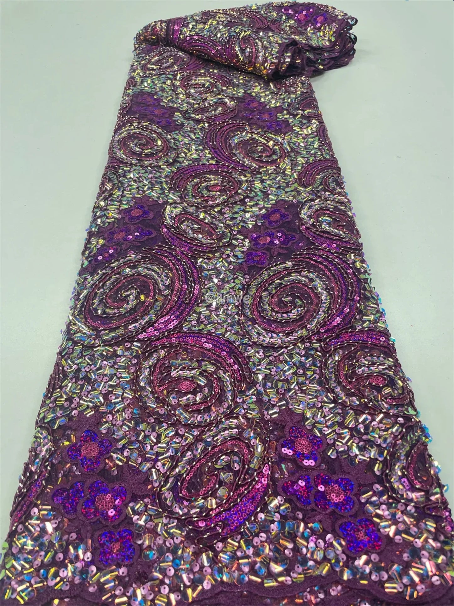 Sequined Spiral Paisley Lace with Beaded Floral Detailing on Sheer Mesh Base Violet base with fuchsia & silver