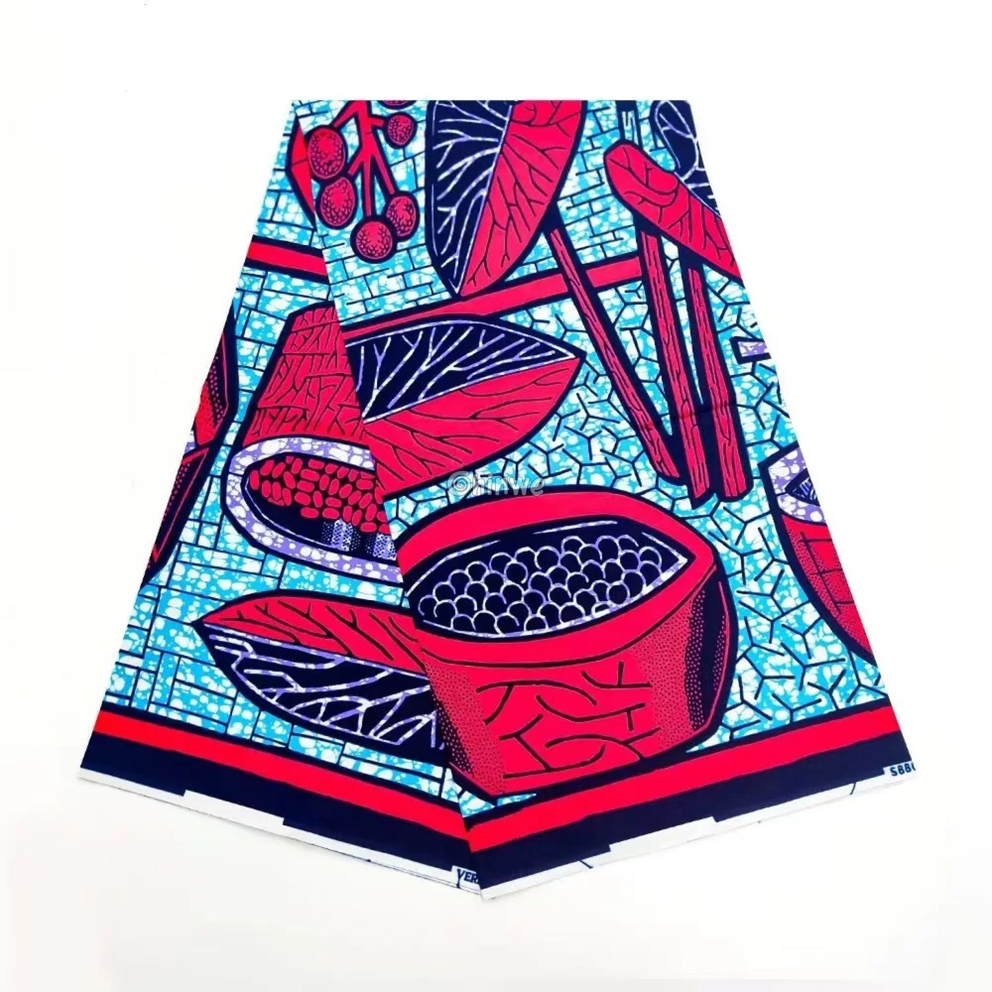 Cocoa Pod & Leaf Motif Ankara Wax Print on Cerulean Crackle Base with Scarlet & Navy Accents Tropical Cocoa Pod / 6