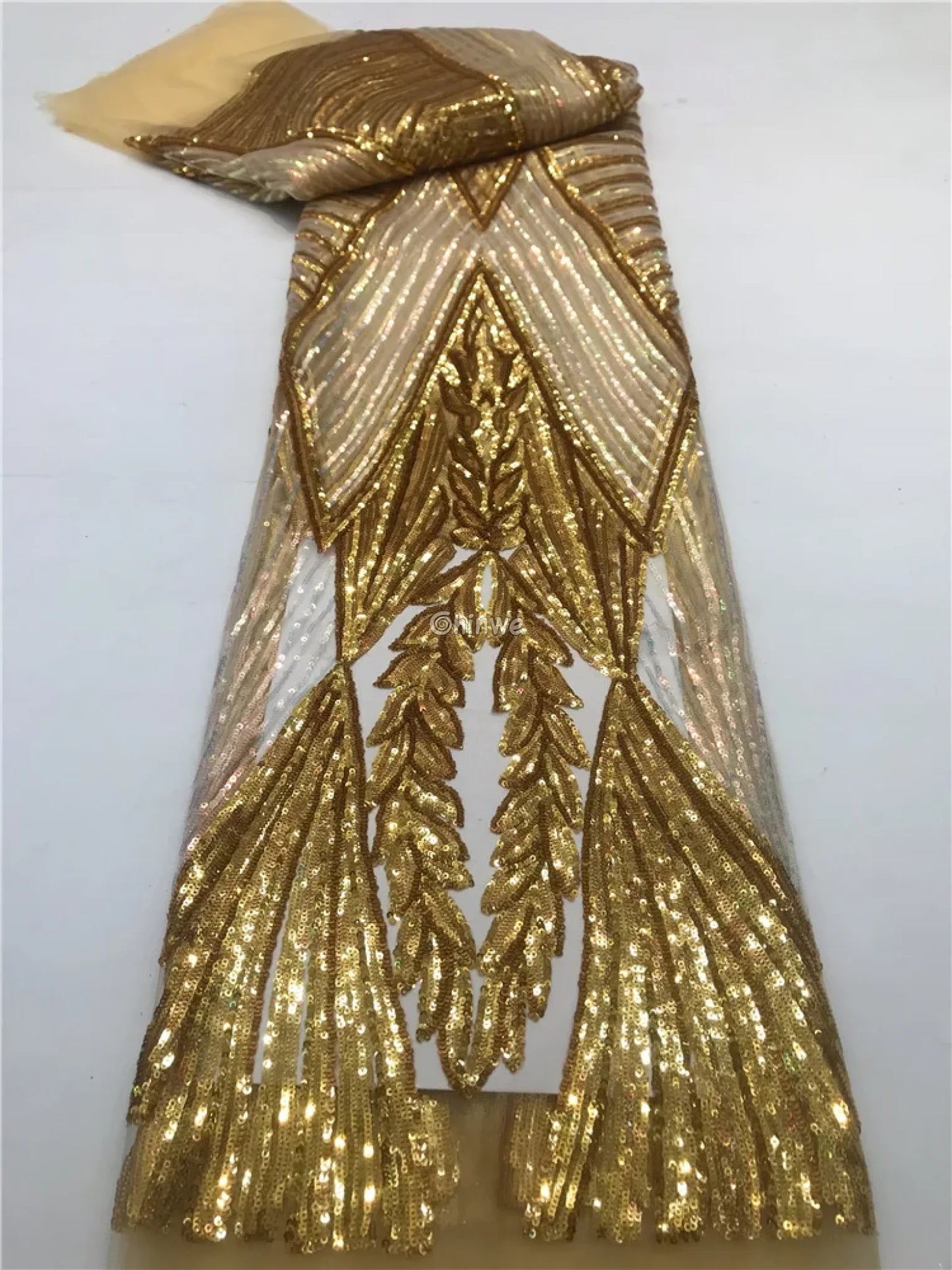 Sequin Embroidered Net Lace with Leaf Motif & Radiant Lines on Sheer Mesh Tulle Base Champagne Gold / 5 Yards Lace