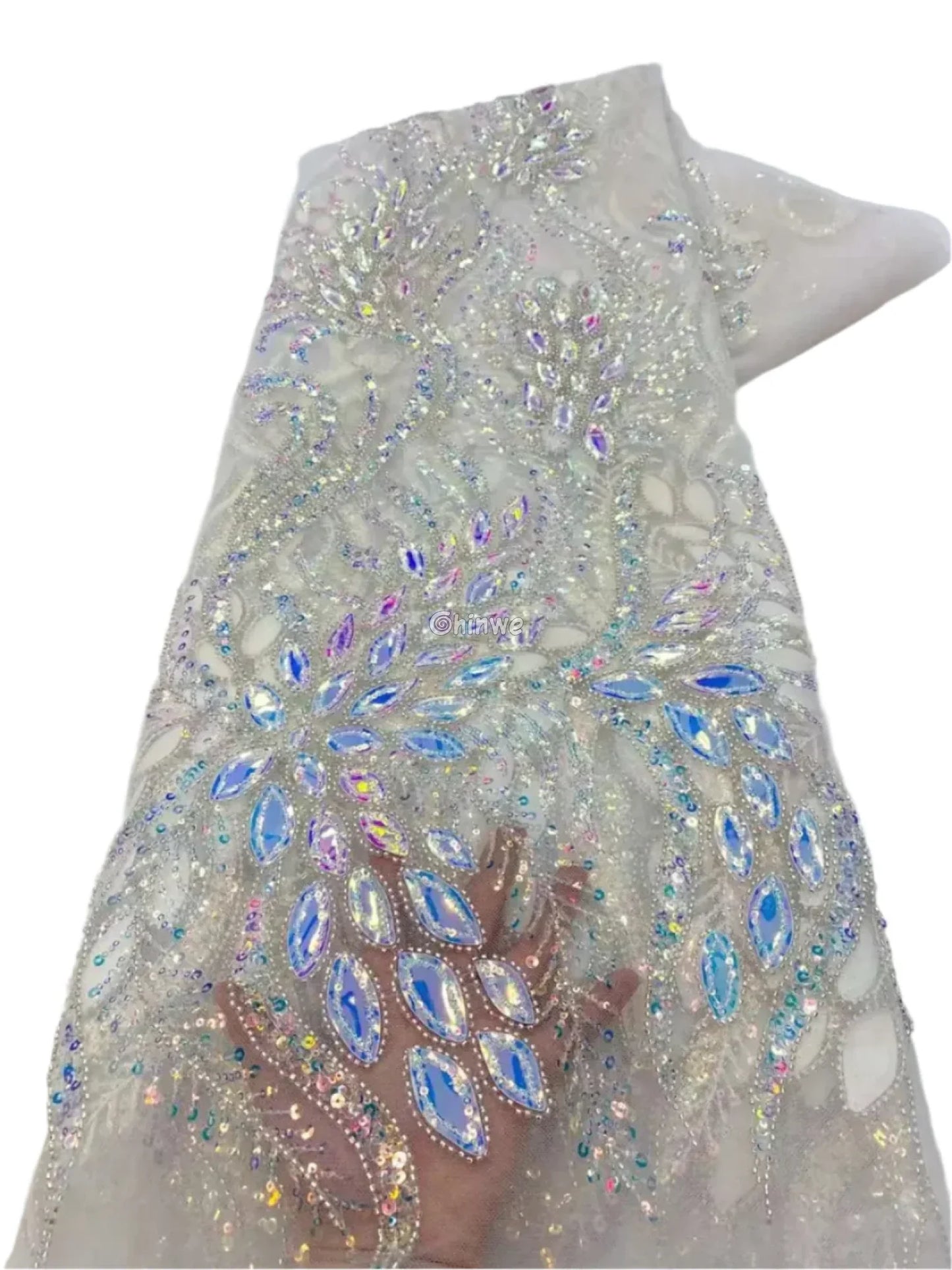 Beaded Scroll Motif Mesh Lace with Gemstone Appliqués & Sequin Embellishment Crystal White / 5 Yards / 120cm Lace