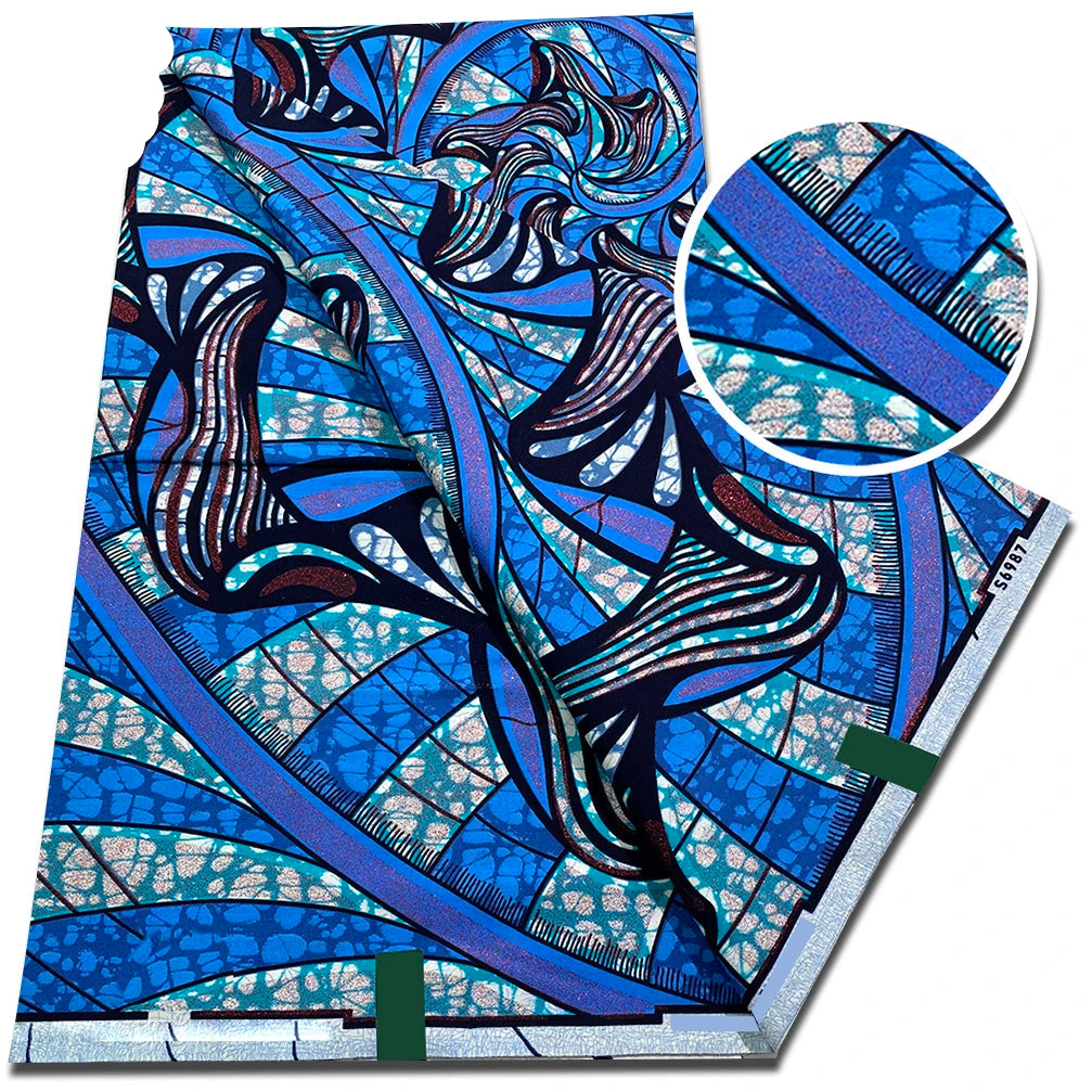 Cobalt Ribbon Ankara Flash Gold Wax Print Fabric – Blue Swirls and Mosaic Batik, 6 Yards