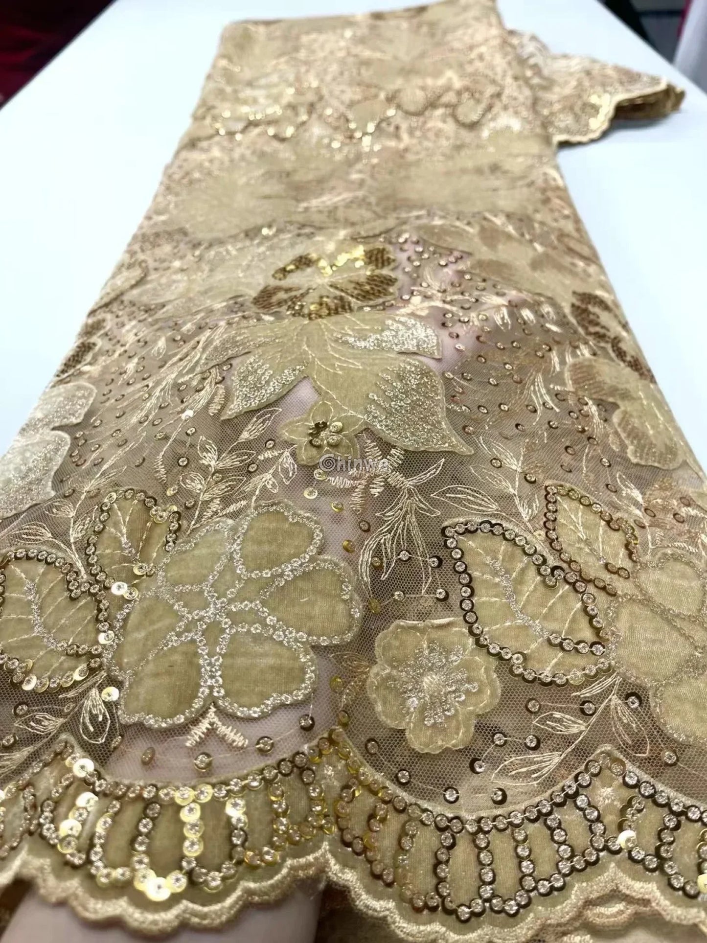 Velvet Lace with Floral Embroidery Sequin Highlights & Scalloped Edge on Sheer Mesh Base Champagne Gold / 5 yards