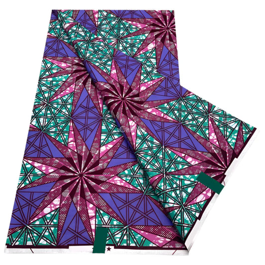 Purple and Emerald Starburst with Geometric Triangles and Batik Dots on Structured Cotton Print Radiant Starburst Geo