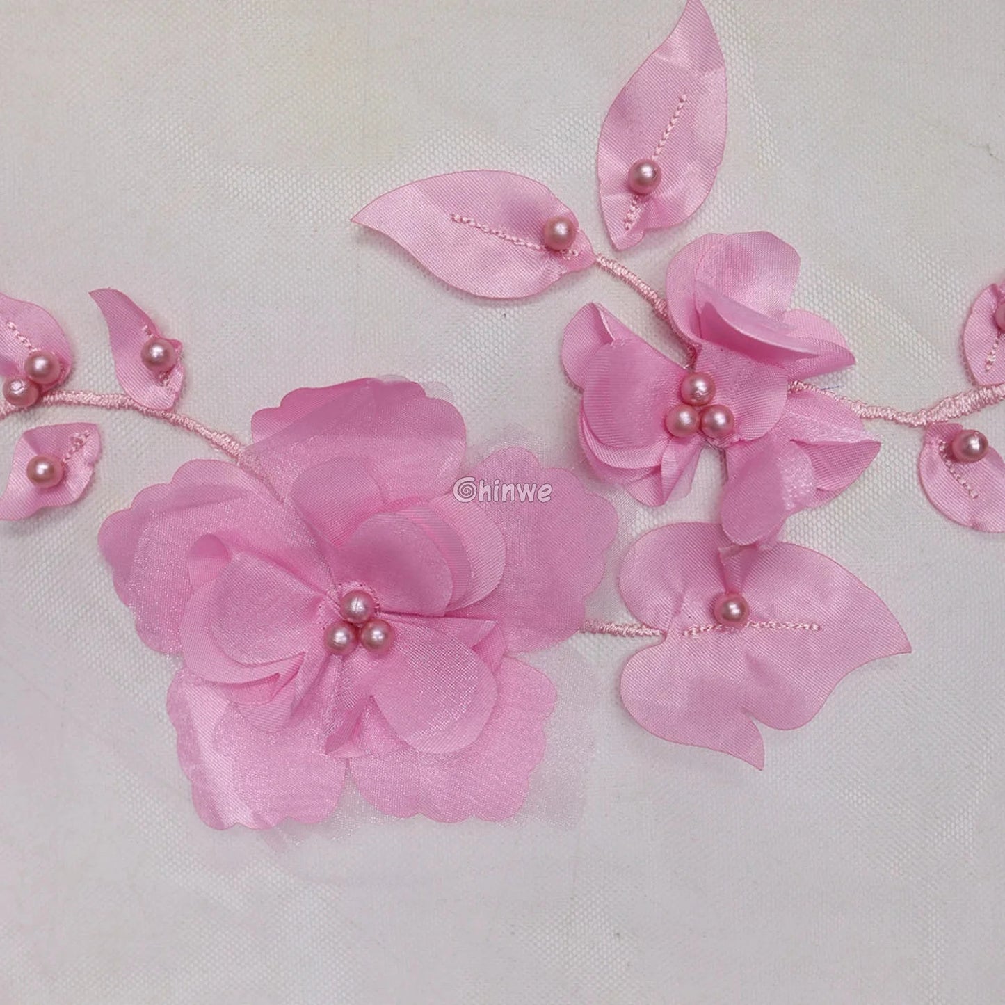 vory Blush Pink Peach & Scarlet Red 3D Floral Appliqué Mesh Lace with Beaded Embroidery