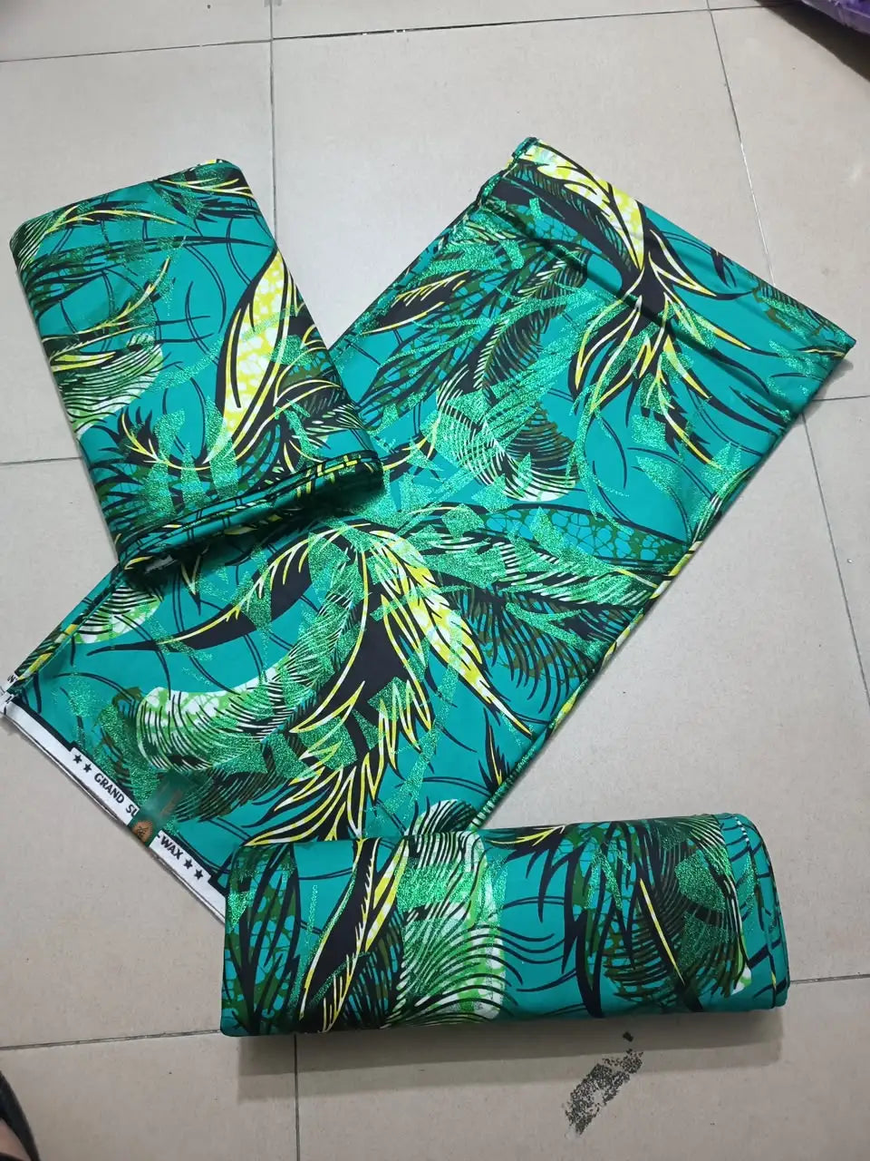 Emerald Green Palm Leaf Ankara gold wax print fabric, 6 yards