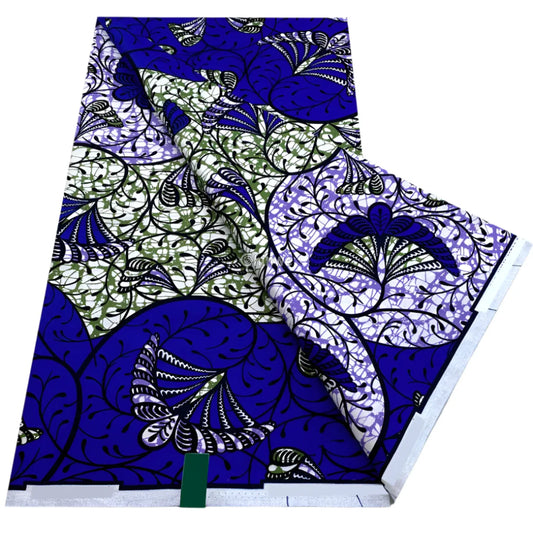 Royal Blue and Olive Botanical Swirls with Winged Petals and Veined Vines on Curved Panel Layout Midnight Spiral Petal