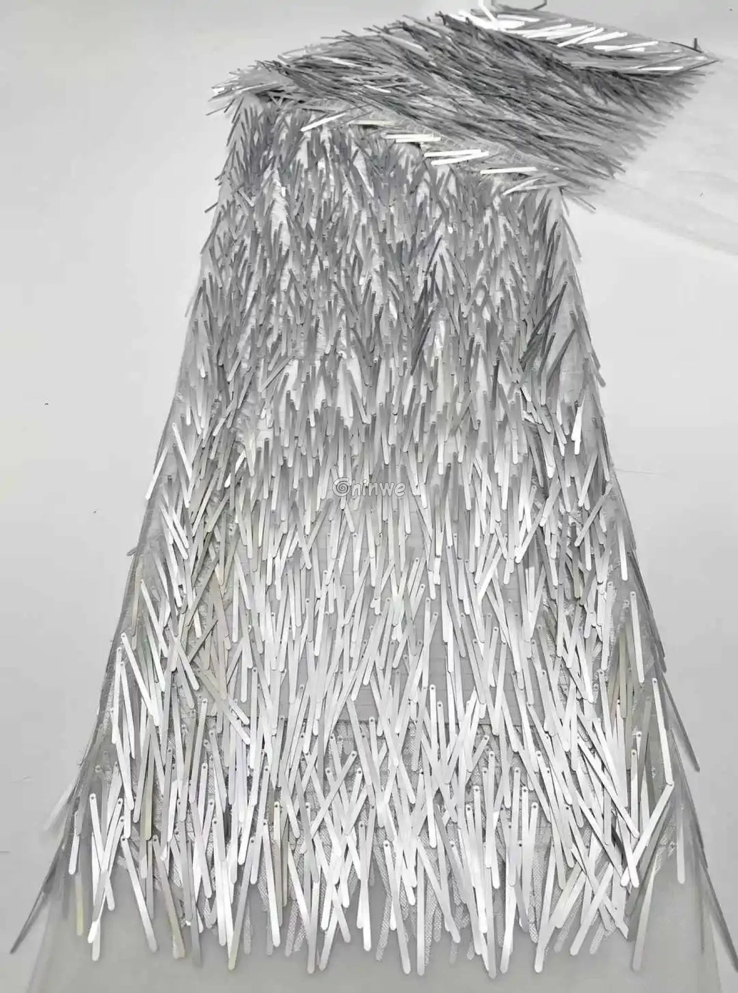 Iridescent Sequin Tinsel Fringe Fabric with Layered Shimmer Strips and Sheer Mesh Base Silver Sparkle Fringe / 120cm