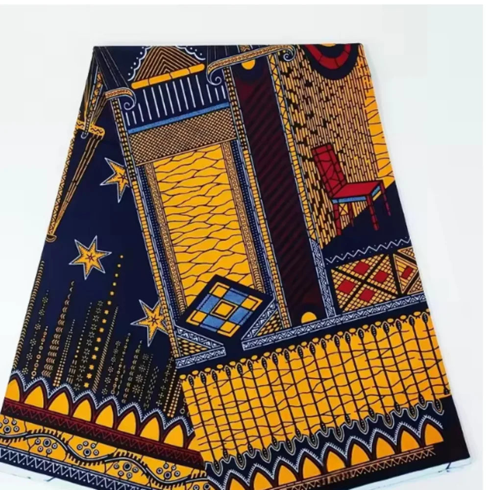 Navy & Gold Patchwork Ankara Wax Print Fabric – Stars, Chair & Grid Panels, 100% Cotton