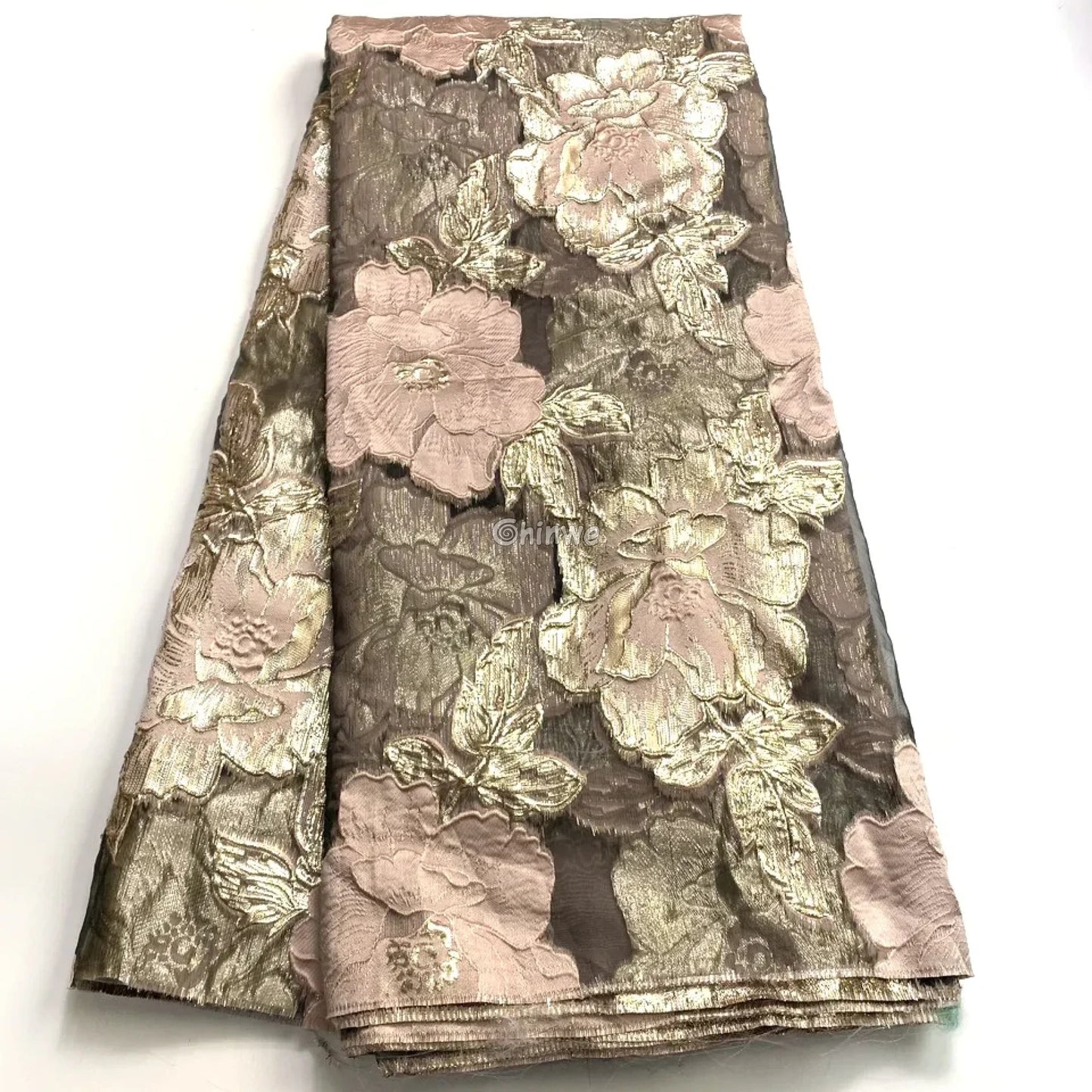 Jacquard Brocade Floral Lace Fabric with Metallic Embroidery and Sheer Mesh Backing Overlay Pale dusty rose with