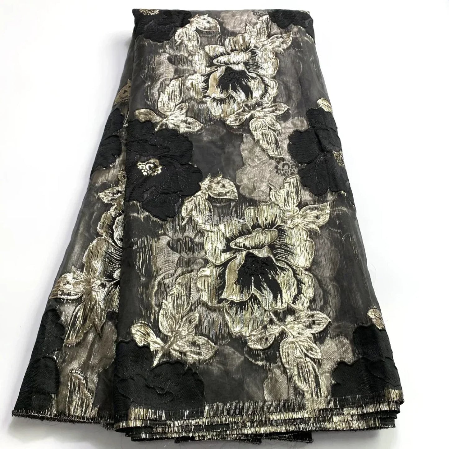 Jacquard Brocade Floral Lace Fabric with Metallic Embroidery and Sheer Mesh Backing Overlay Black flowers with gold on