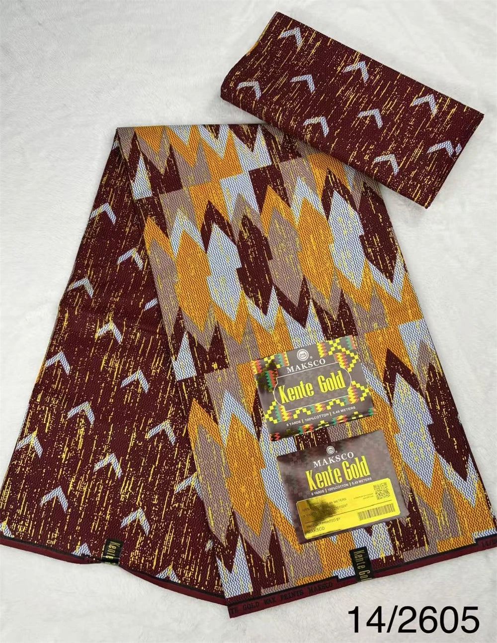 Burgundy and Mustard Zigzag Kente-Style Print Fabric, 6 Yards