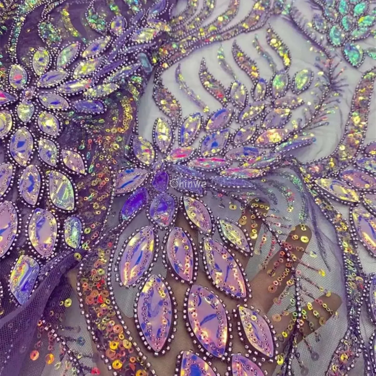Beaded Scroll Motif Mesh Lace with Gemstone Appliqués & Sequin Embellishment Lace