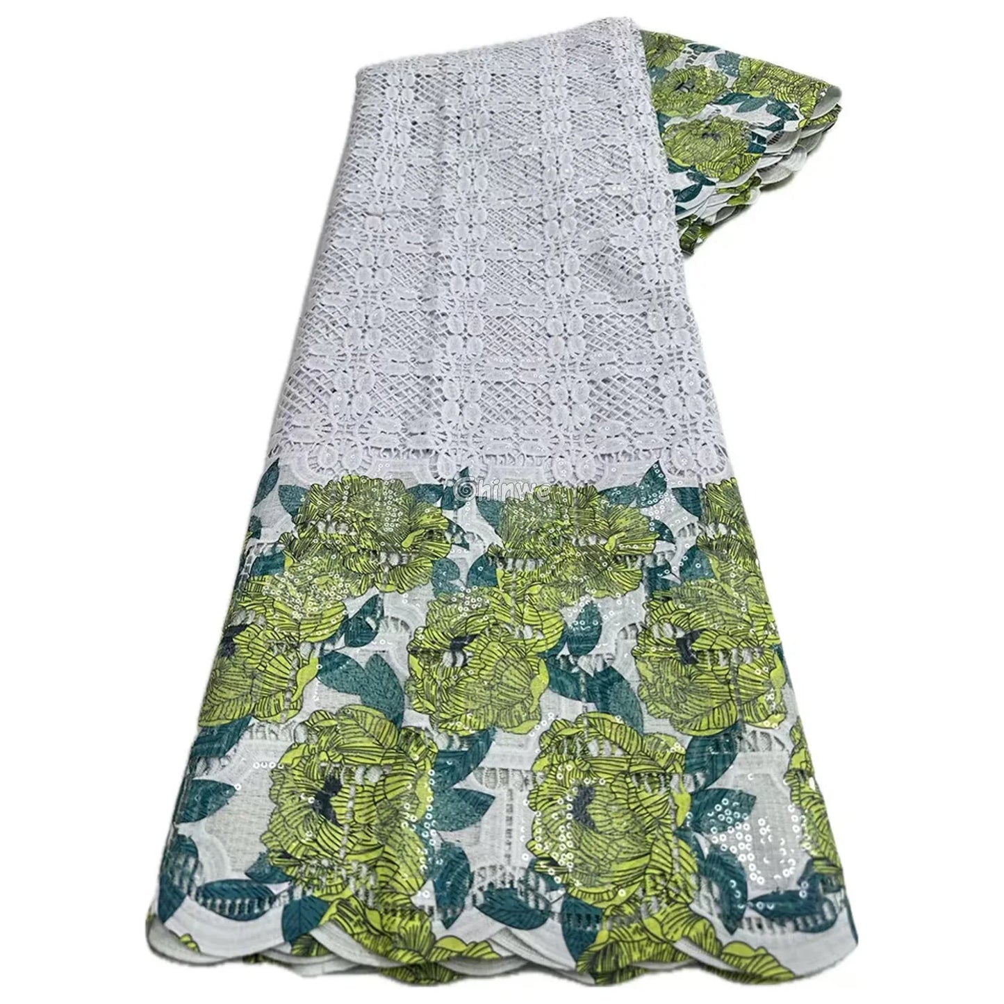 Sequin-Embroidered Mesh Lace with Geometric Grid Overlay & Scalloped Floral Border Fabric Chartreuse Green Floral / 5