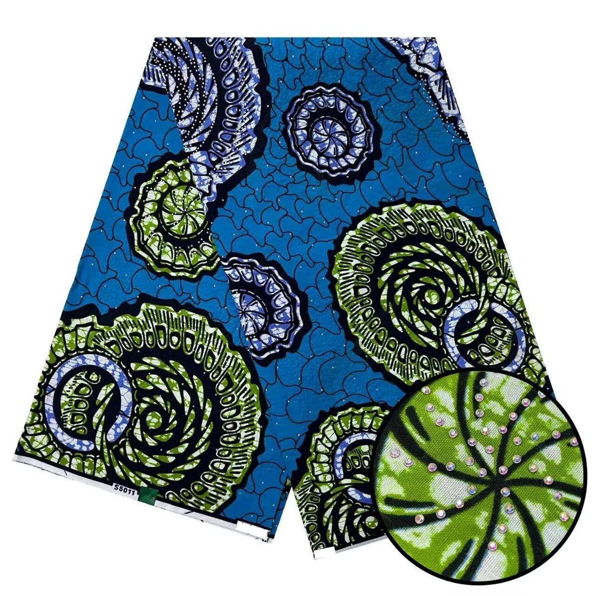 Blue & Lime Swirl Disc Stoned Wax Print – Real Wax with Stones, 6 Yards