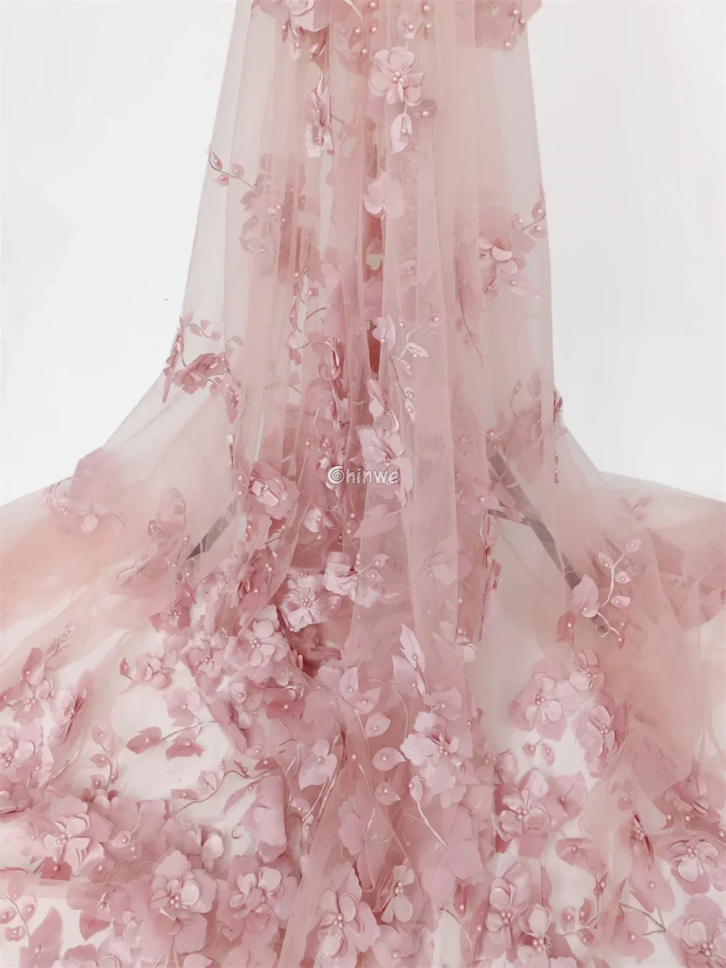 vory Blush Pink Peach & Scarlet Red 3D Floral Appliqué Mesh Lace with Beaded Embroidery
