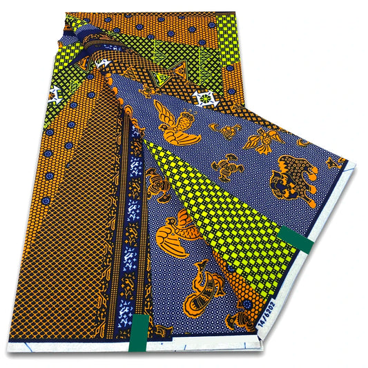 Blue and orange patchwork Ankara wax print fabric with bird motifs and green check panels
