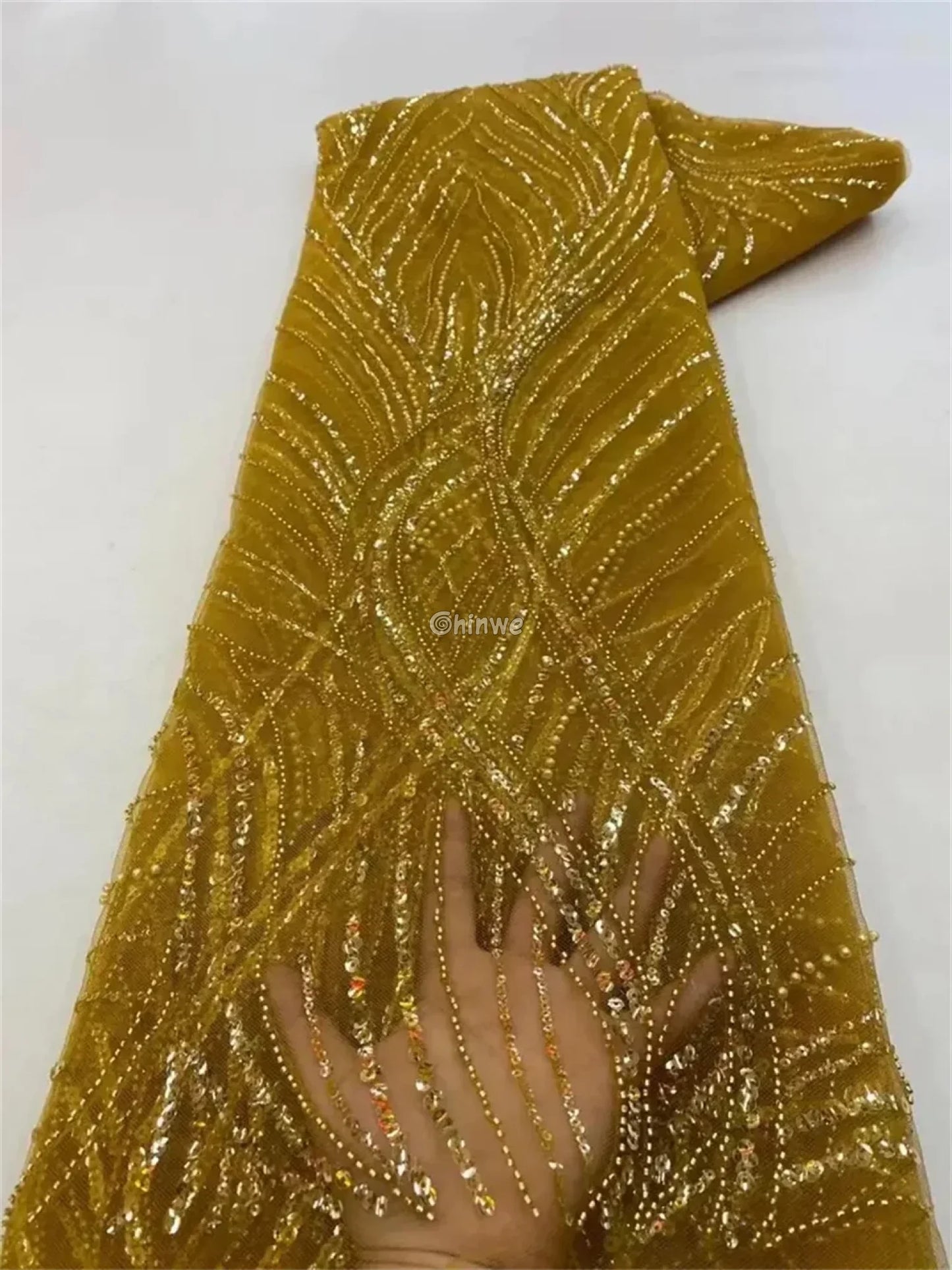 Luxury African Sequins Beaded French Lace Fabric with Bridal Embroidery Mustard / 120cm / 5 Yards African Wax Print