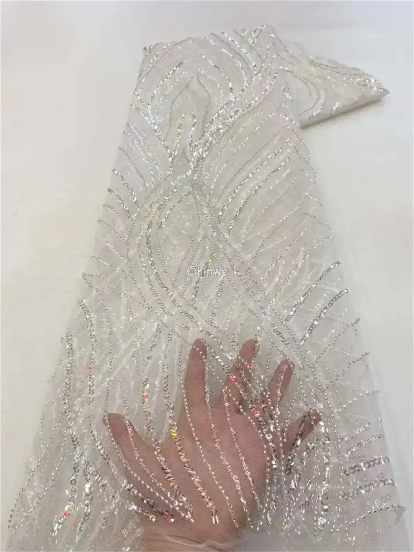 Luxury African Sequins Beaded French Lace Fabric with Bridal Embroidery White / 120cm / 5 Yards African Wax Print Fabric