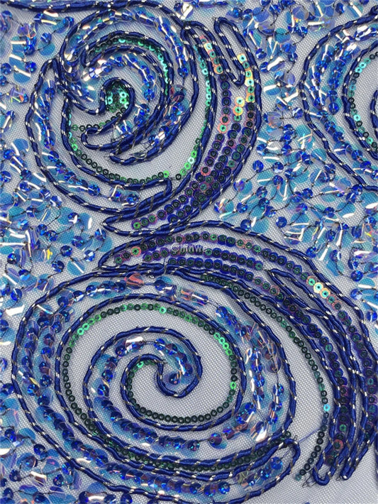 Sequined Spiral Paisley Lace with Beaded Floral Detailing on Sheer Mesh Base African Wax Print Fabric