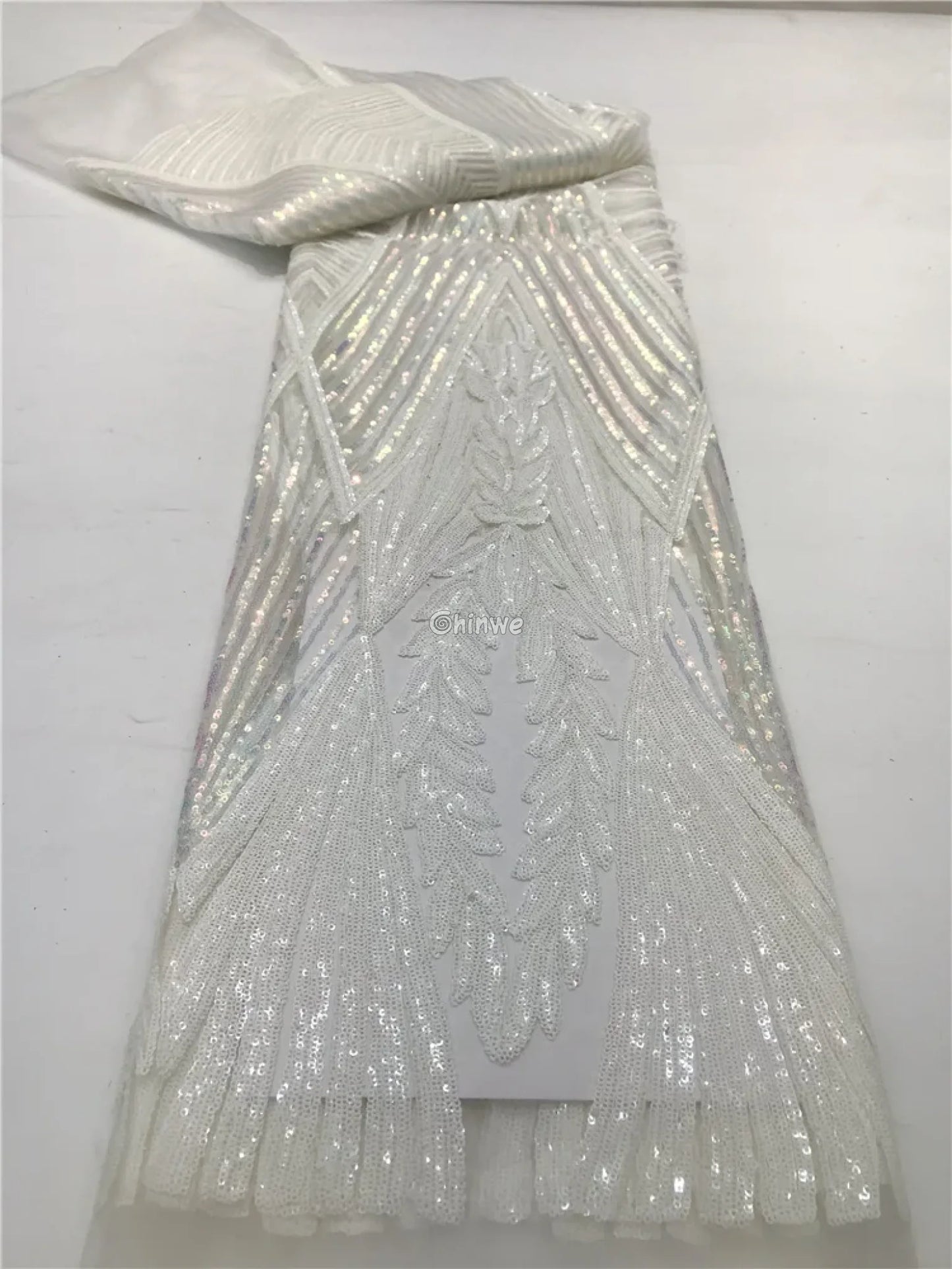 Sequin Embroidered Net Lace with Leaf Motif & Radiant Lines on Sheer Mesh Tulle Base Icy White / 5 Yards Lace