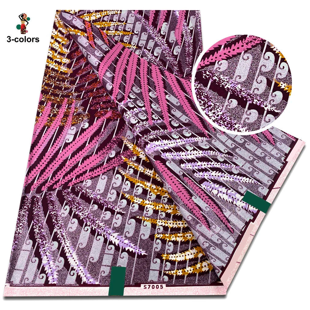 Palm Frond Flash Gold Wax Fabric – Emerald, Pink or Teal, Grand Super Glitter, 6 Yards