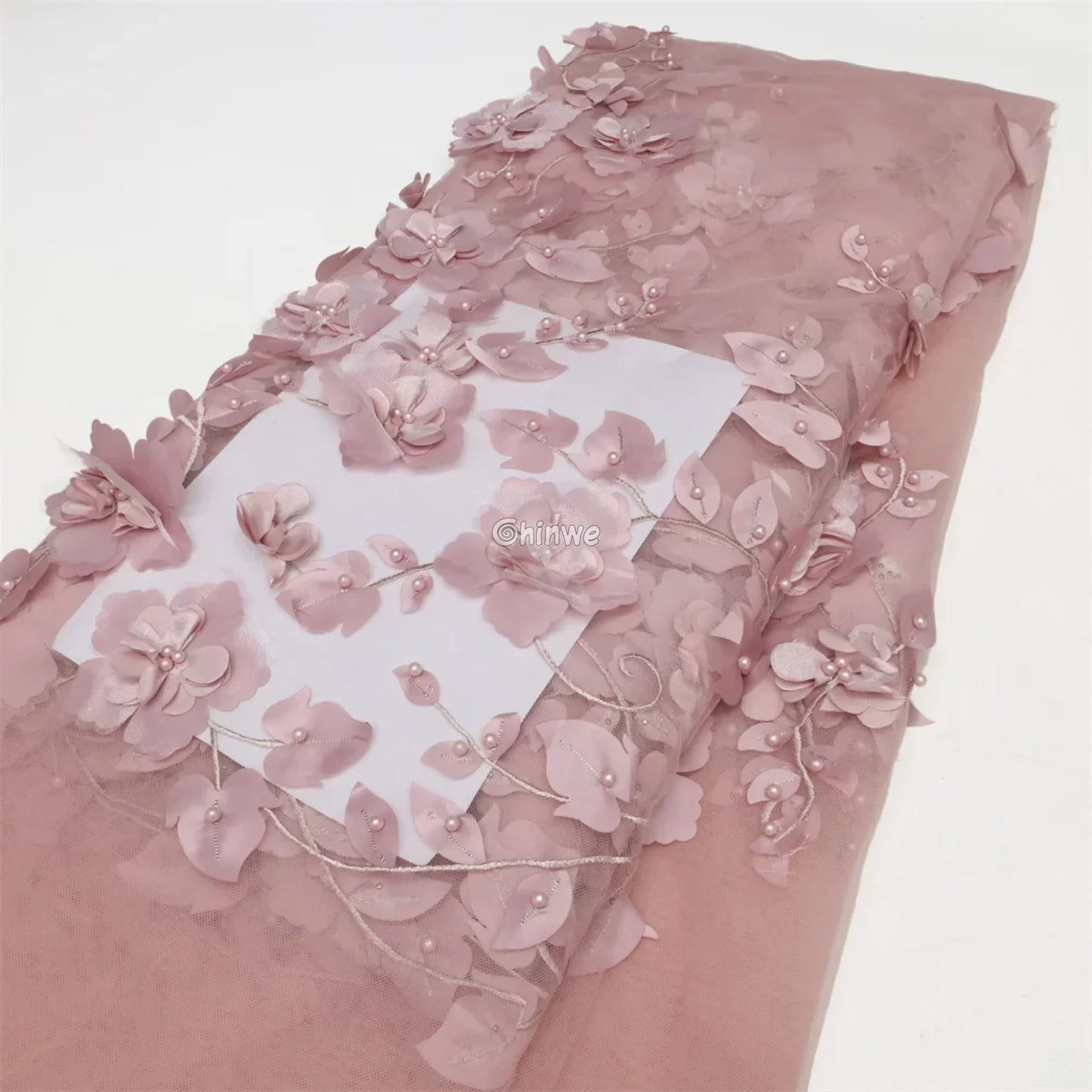 vory Blush Pink Peach & Scarlet Red 3D Floral Appliqué Mesh Lace with Beaded Embroidery