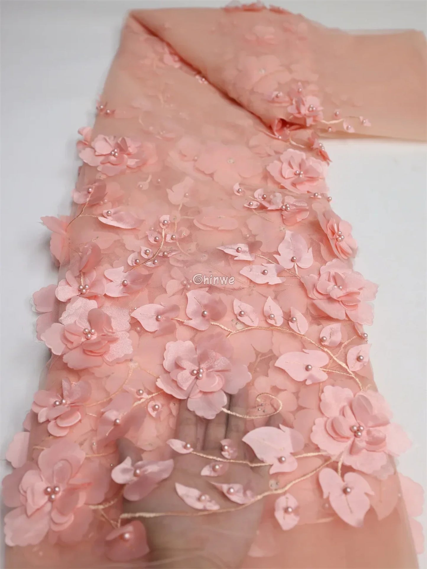 vory Blush Pink Peach & Scarlet Red 3D Floral Appliqué Mesh Lace with Beaded Embroidery Soft Peach / 2 Yards / 120cm