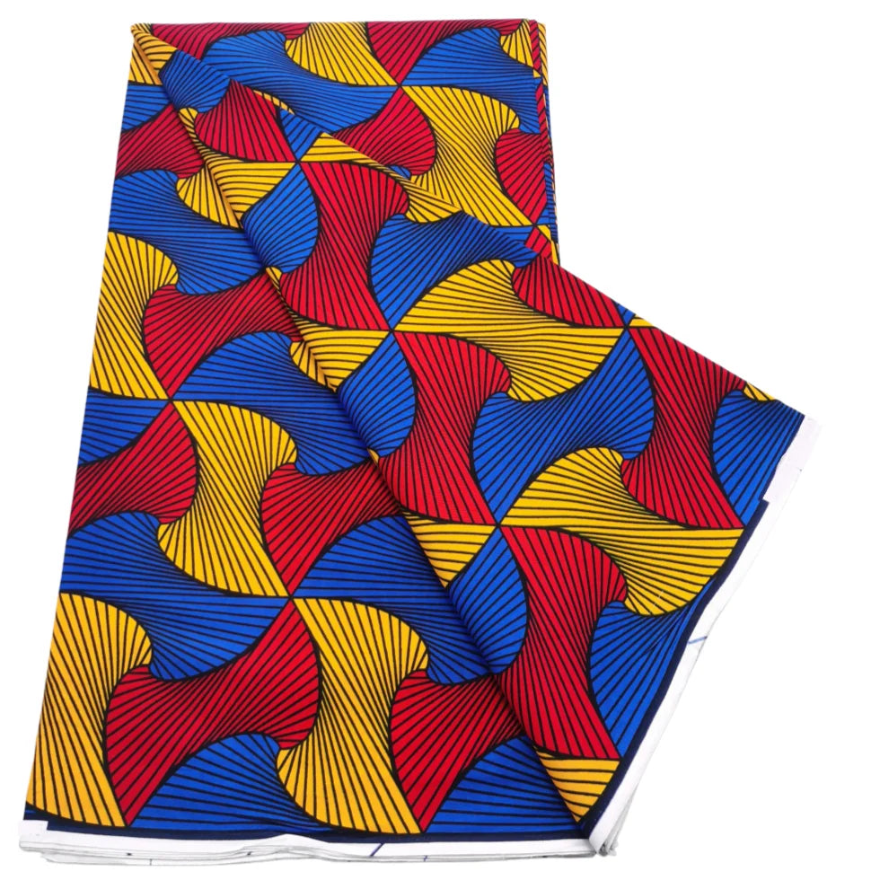 Blue, Red and Yellow Fan Wave Ankara wax print fabric, 6 yards