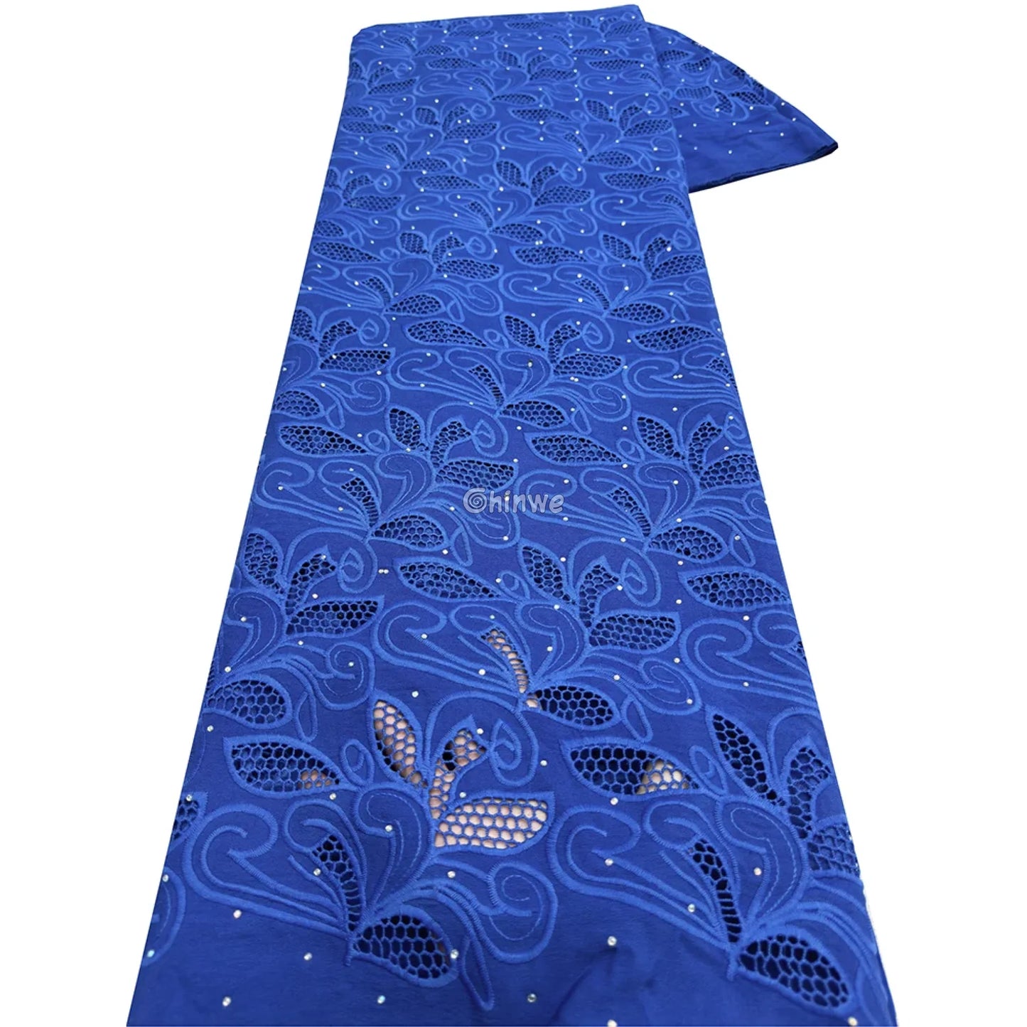 Embroidered Eyelet Lace Fabric with Swirling Leaf & Vine Motif and Crystal Sparkle Accents Royal Sapphire / 5 Yards