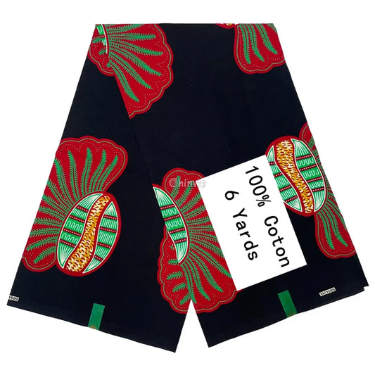 Vibrant Seed Pod Fabric – Red and Green Floral Motif on Black Ankara Wax Print 6 Yards African Wax Print Fabric
