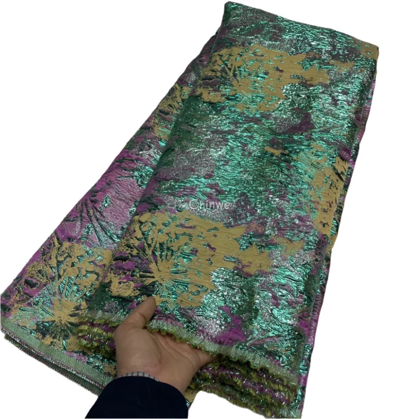 Salouva Premium Jacquard Brocade Lace with Metallic Gold Embroidery & Tulle Base Fuchsia & Emerald Fusion / 5 yards