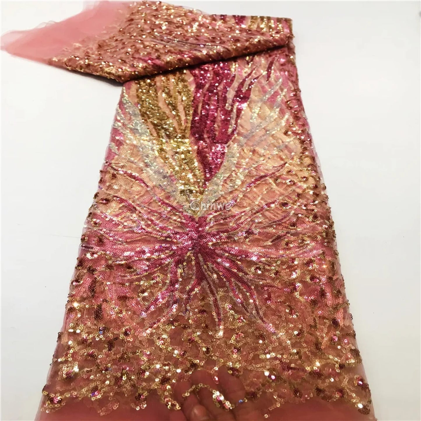 Sequined Burst Embroidered Net Lace with Radiant Flame Motif on Tulle Mesh Rose Ember / 5 Yards Lace