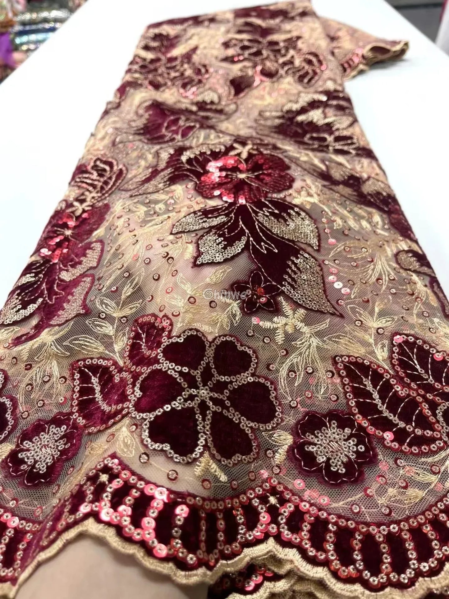 Velvet Lace with Floral Embroidery Sequin Highlights & Scalloped Edge on Sheer Mesh Base Deep Burgundy & Gold / 5 yards