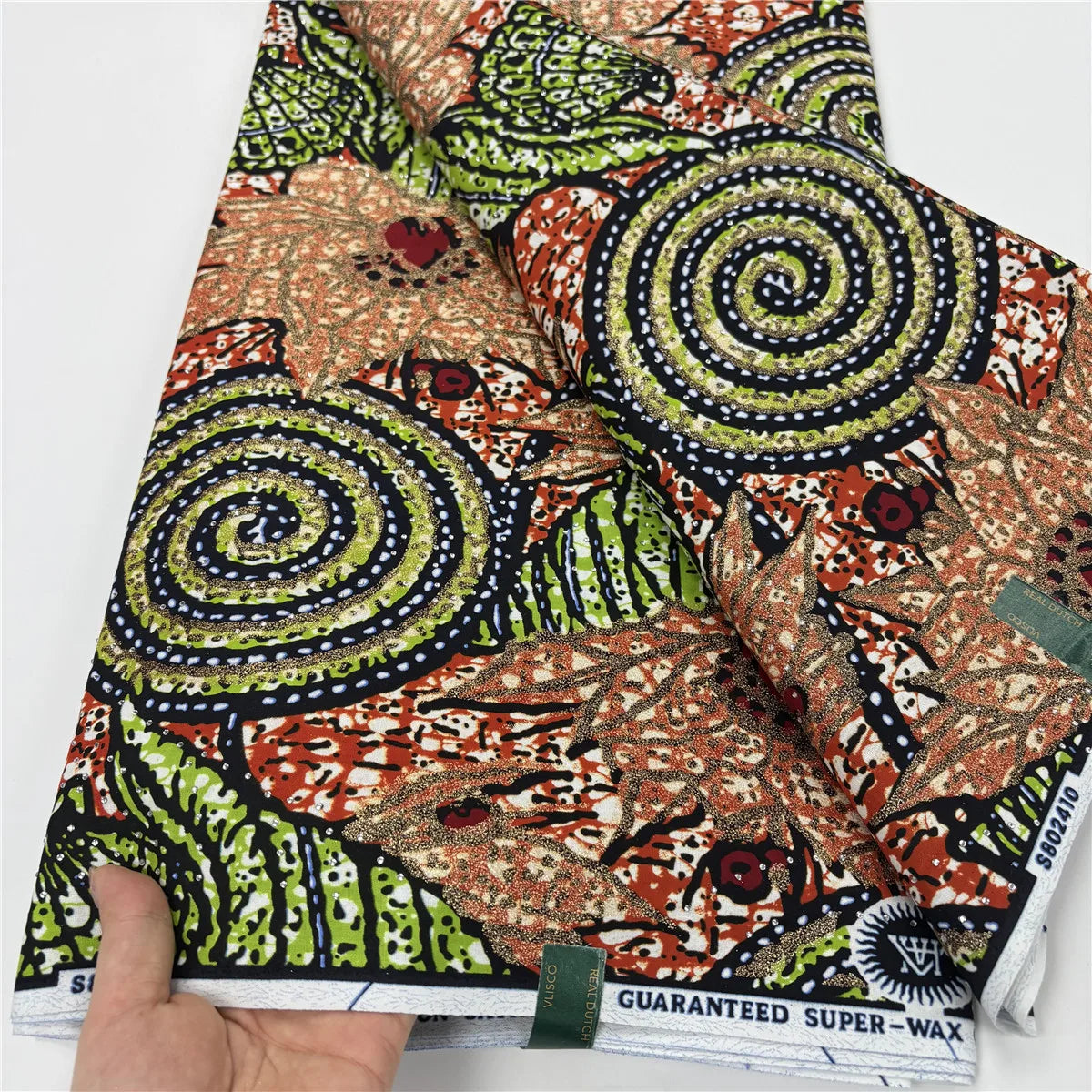 Olive Spiral Stoned Wax Fabric – Green & Rust, Grand Super Wax with Rhinestones, 6 Yards