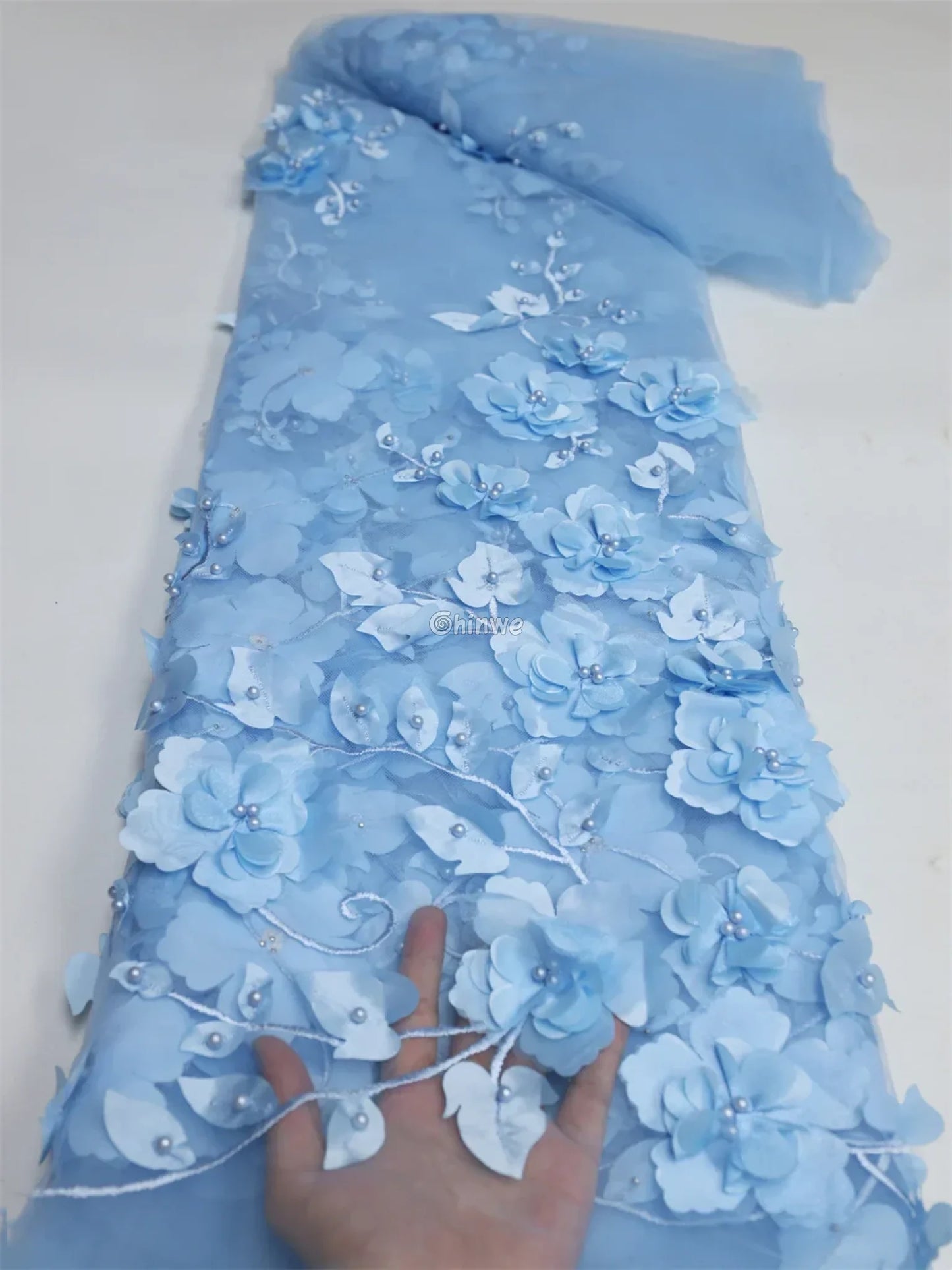 vory Blush Pink Peach & Scarlet Red 3D Floral Appliqué Mesh Lace with Beaded Embroidery Baby Blue / 5Yards / 120cm