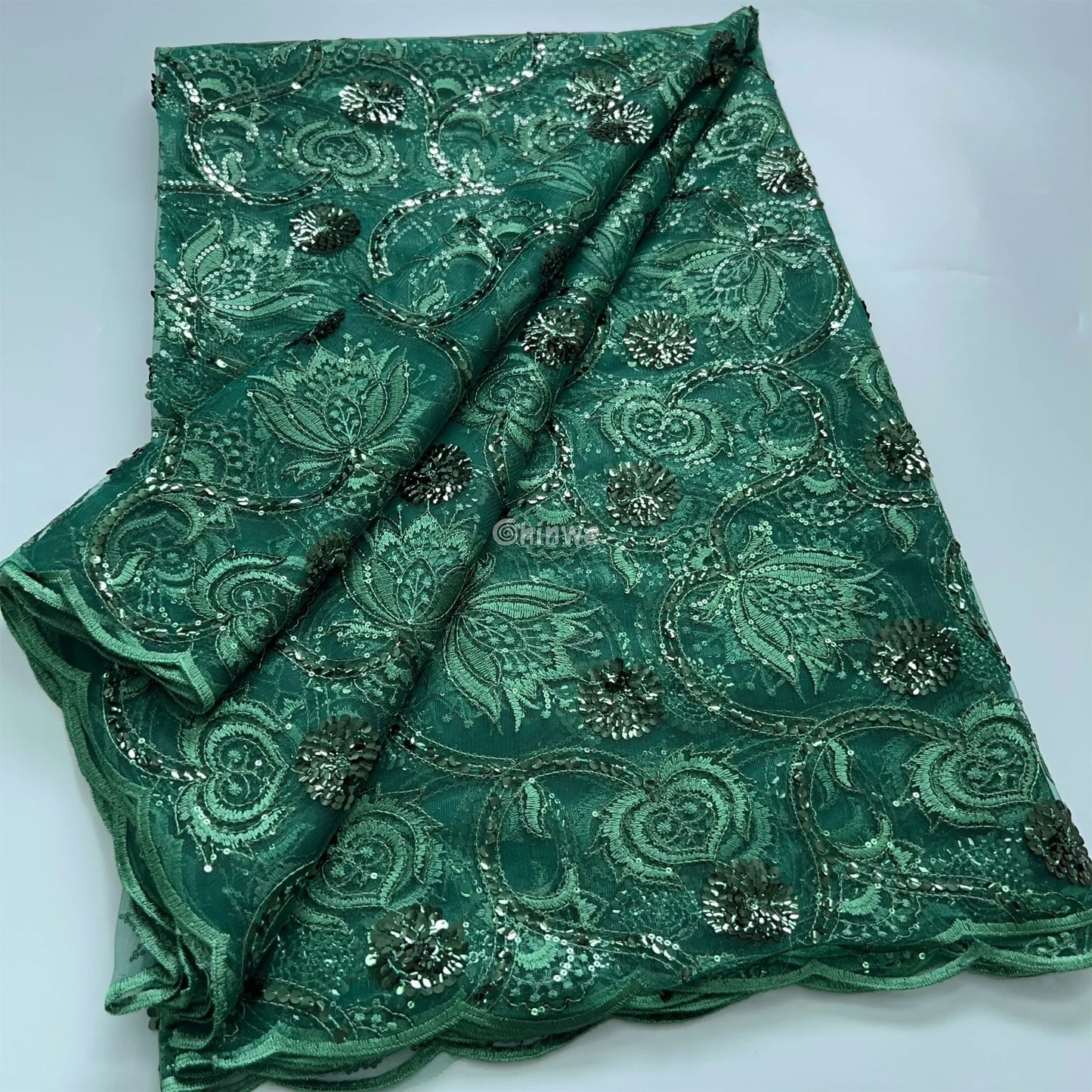 Embroidered Spiral & Floral Mesh Lace with Scattered Sequins on Sheer Tulle Forest Green Sequin Lace / 5Yards Lace