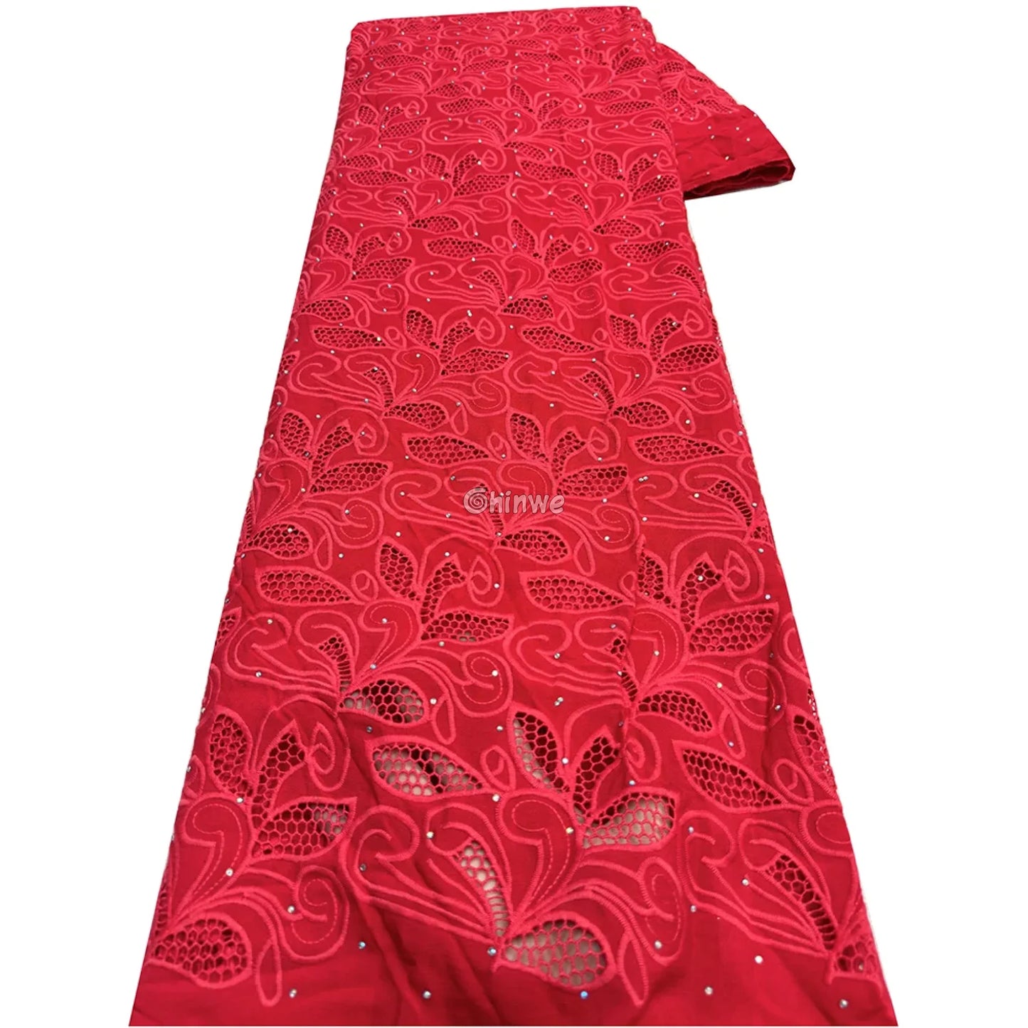 Embroidered Eyelet Lace Fabric with Swirling Leaf & Vine Motif and Crystal Sparkle Accents Scarlet Sparkle / 5 Yards