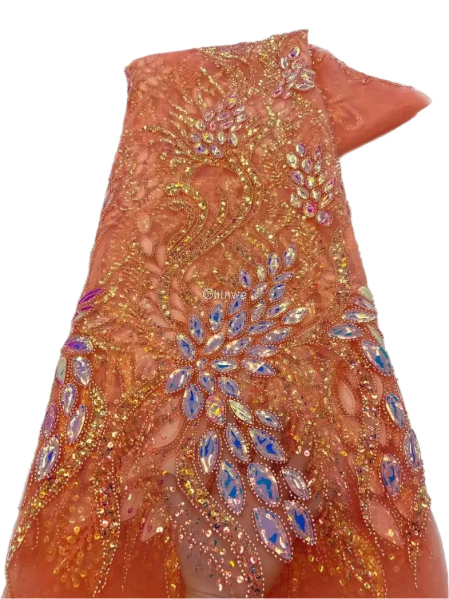 Beaded Scroll Motif Mesh Lace with Gemstone Appliqués & Sequin Embellishment Coral Orange / 5 Yards / 120cm Lace