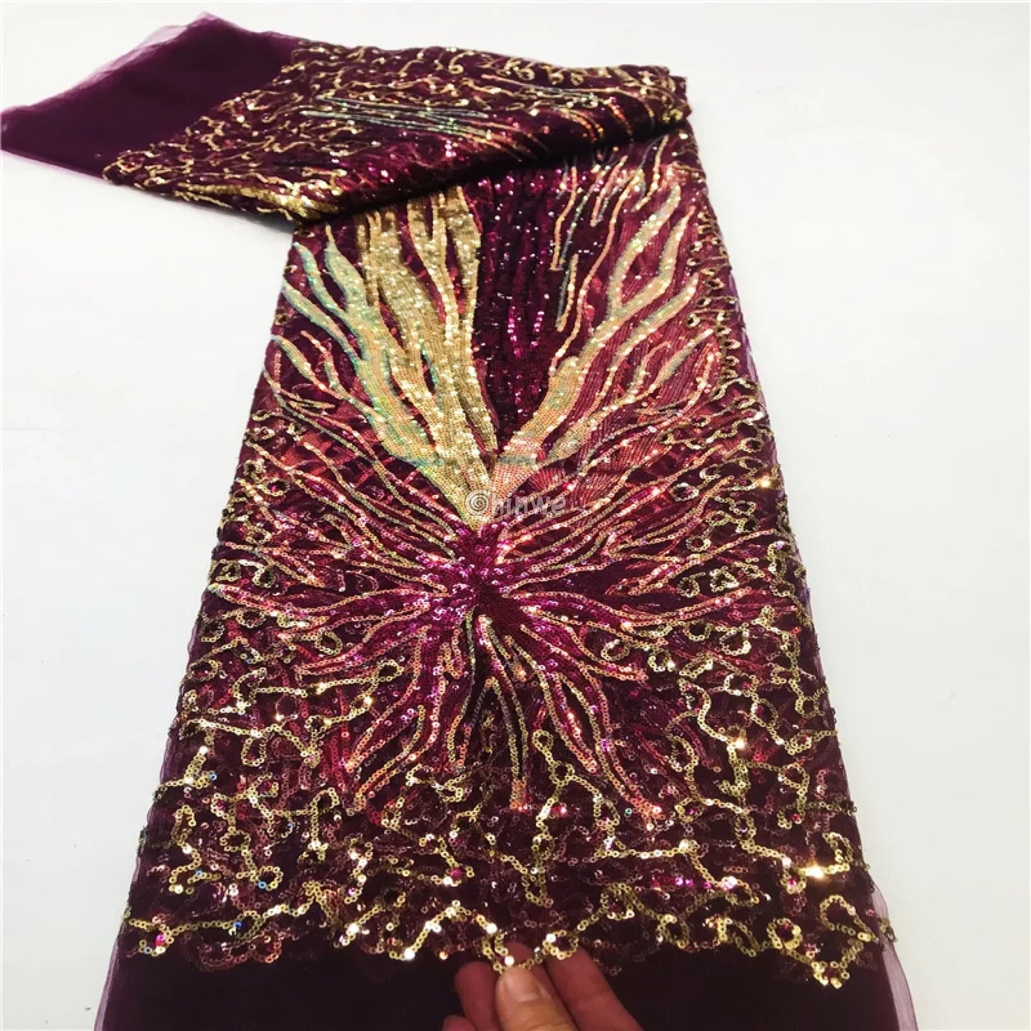 Sequined Burst Embroidered Net Lace with Radiant Flame Motif on Tulle Mesh Burgundy Glow / 5 Yards Lace