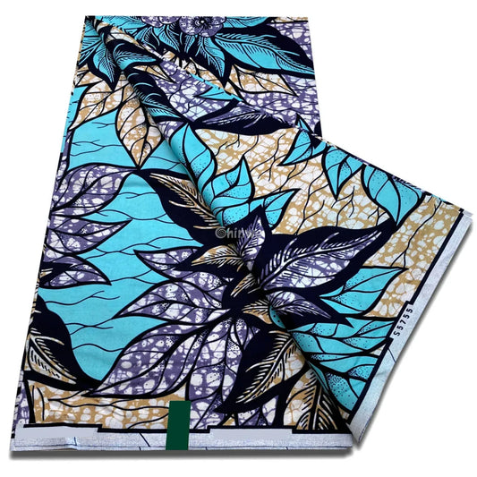 Wax Print with Layered Leaf Clusters and Speckled Crackle Texture in Aqua Cream and Deep Navy Detailing Lavender &