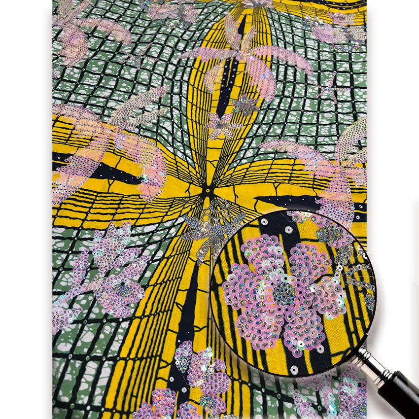 Yellow Burst Grid Sequin Wax Fabric – Pink Sequin Flowers, 100% Cotton, 6 Yards