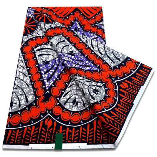 Fiery Orange Triangle Bloom with Gray Leaf Panels and Navy Botanical Borders on Wax Cotton Orange Border Triangle Bloom