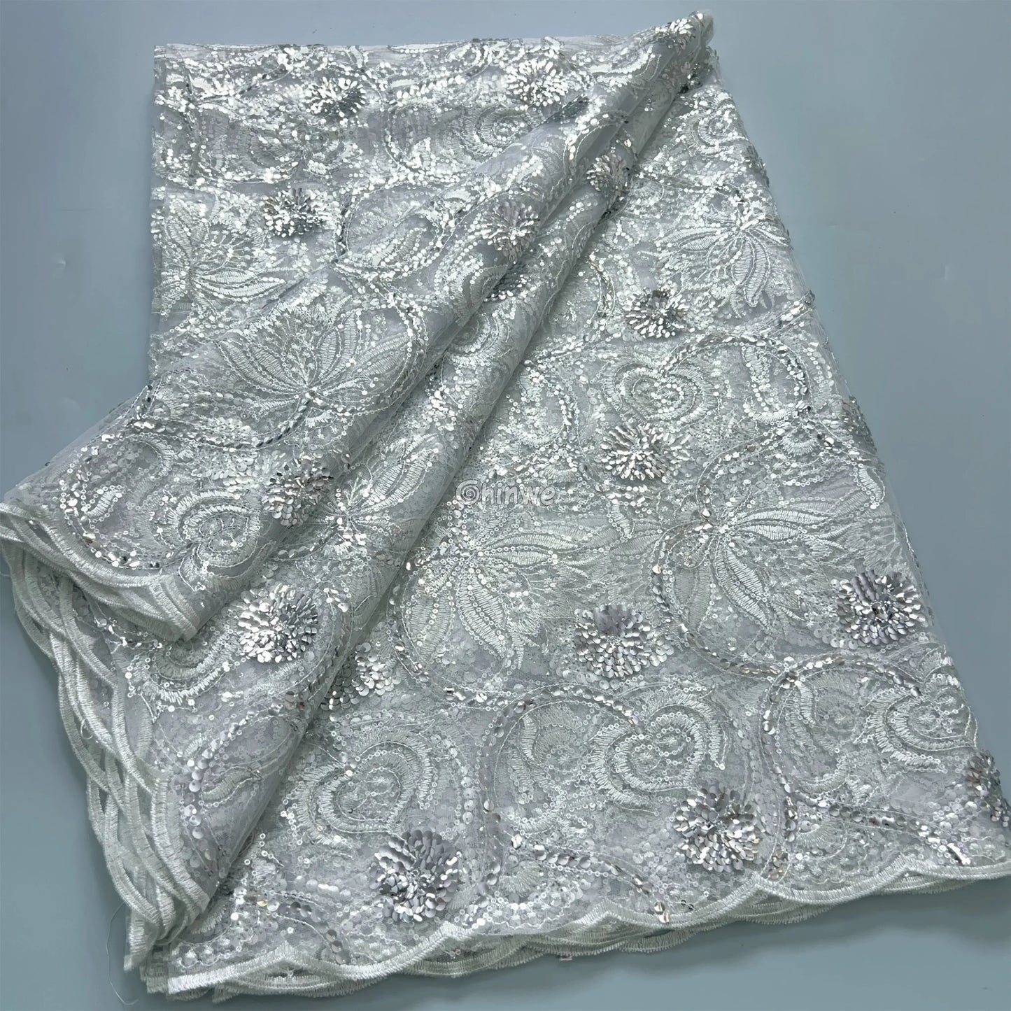 Embroidered Spiral & Floral Mesh Lace with Scattered Sequins on Sheer Tulle Ivory Spiral Sequin Lace / 5Yards Lace