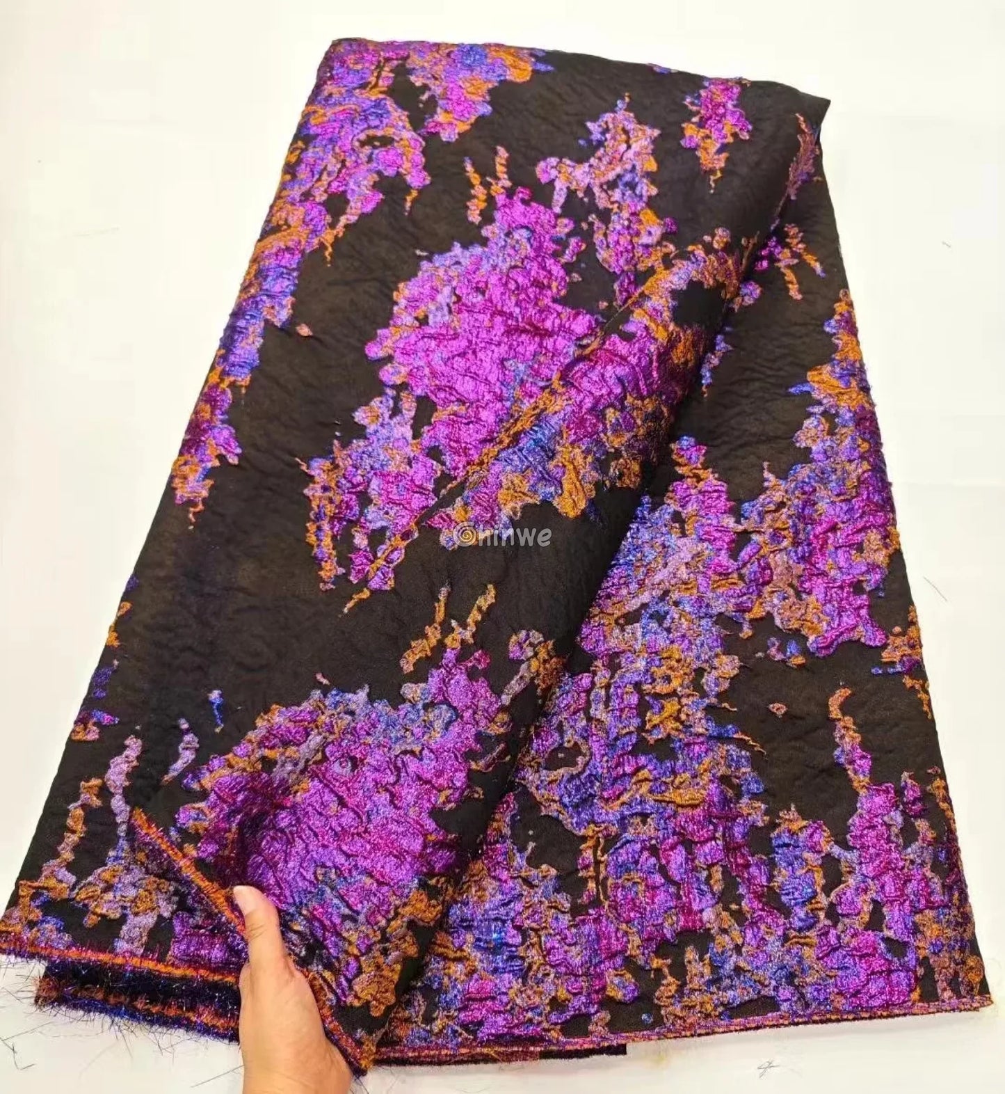 Luxurious Jacquard Brocade with Iridescent Foil Accents & Abstract Marbling Motif Midnight Black Base with Magenta &