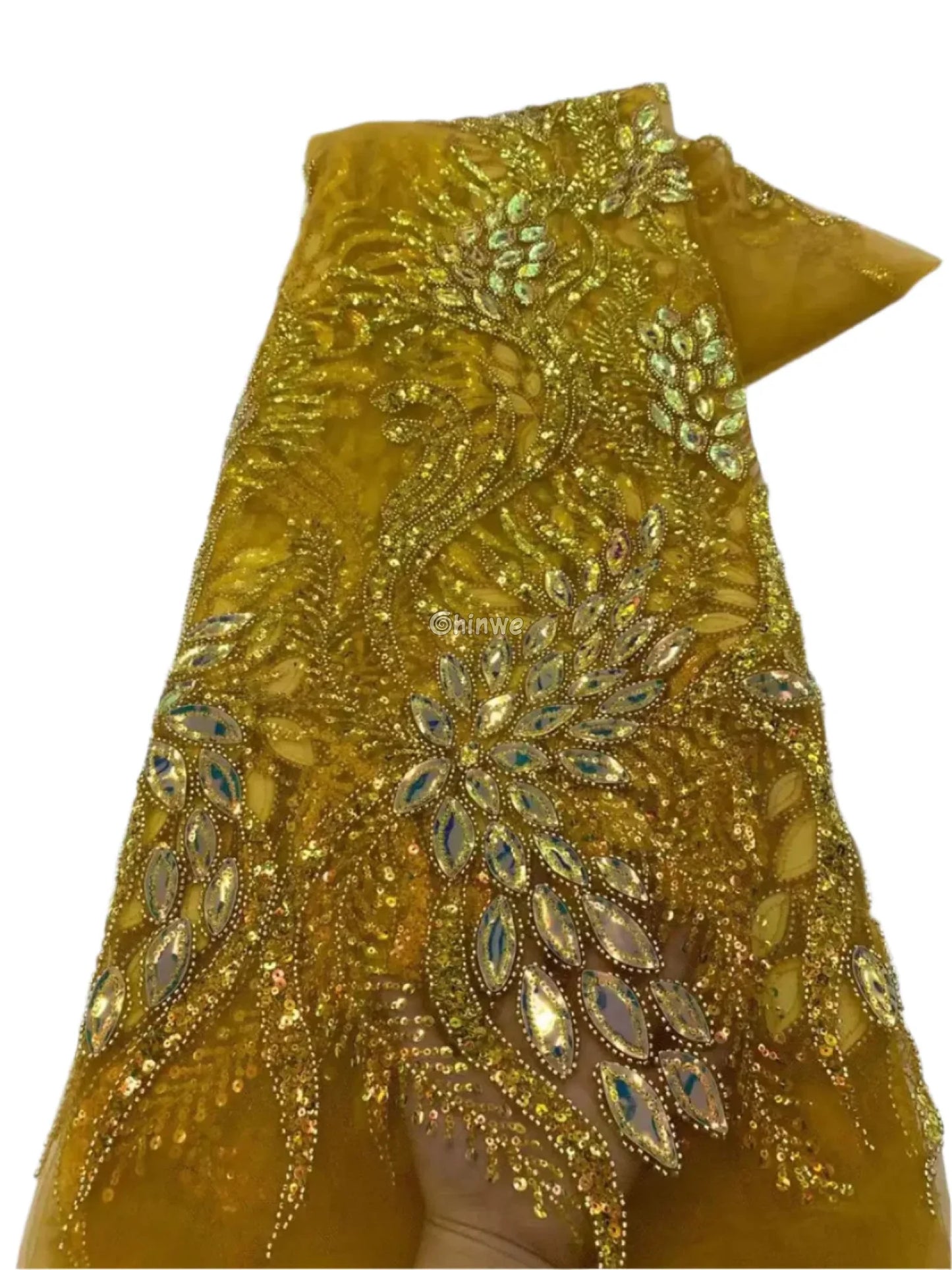 Beaded Scroll Motif Mesh Lace with Gemstone Appliqués & Sequin Embellishment Mustard Gold / 5 Yards / 120cm Lace