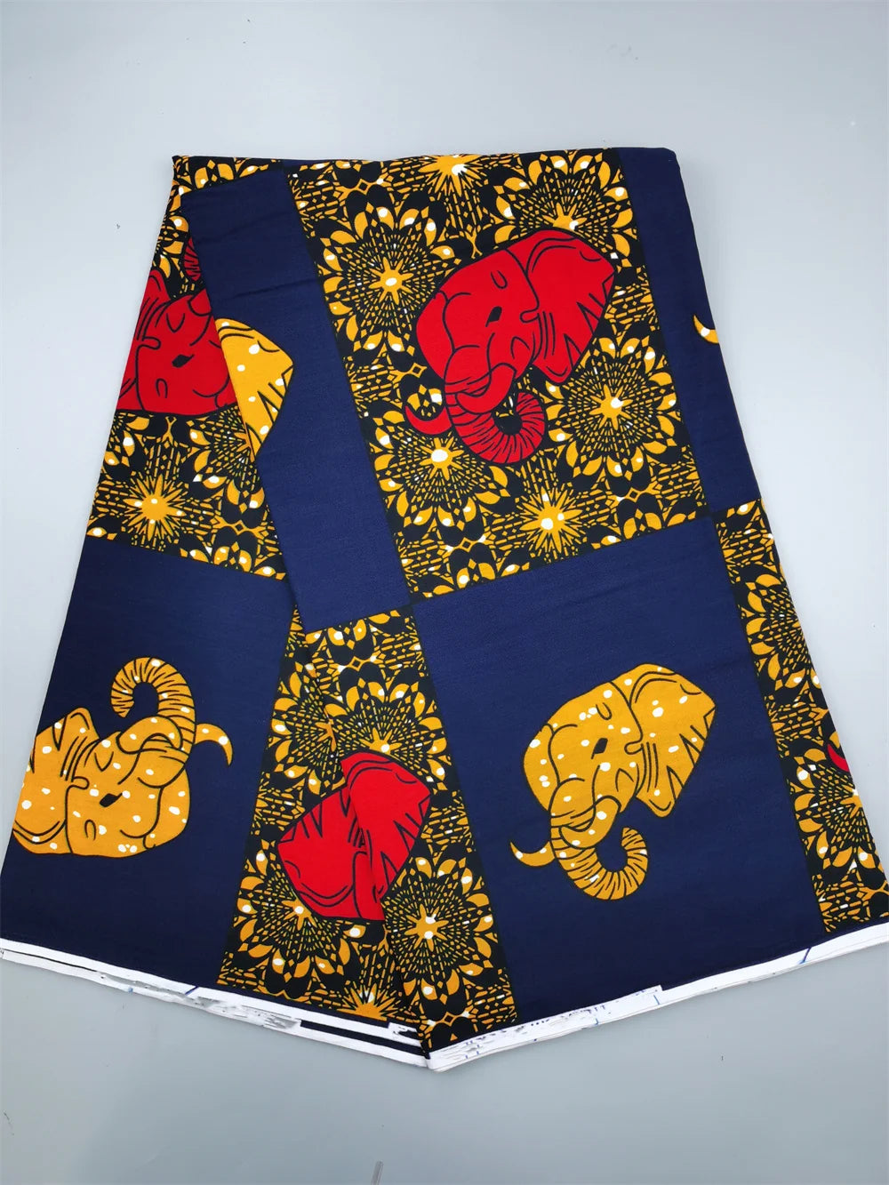 Elephants Ankara Real Wax Print – Red & Gold on Navy Patchwork, 100% Cotton, 6 Yards
