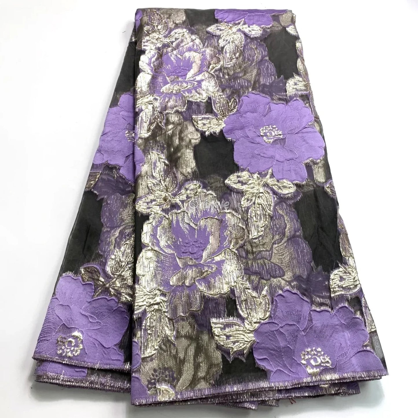 Jacquard Brocade Floral Lace Fabric with Metallic Embroidery and Sheer Mesh Backing Overlay Purple/lilac flowers on