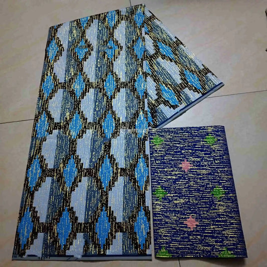 Icy Lagoon Metallic Brocade Fabric – Blue Silver & Black Diamond Kente Pattern Icy Lagoon / 6yards African Wax Print