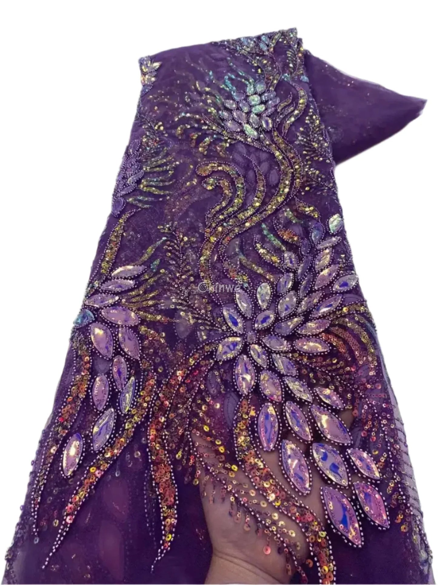 Beaded Scroll Motif Mesh Lace with Gemstone Appliqués & Sequin Embellishment Royal Purple / 5 Yards / 120cm Lace