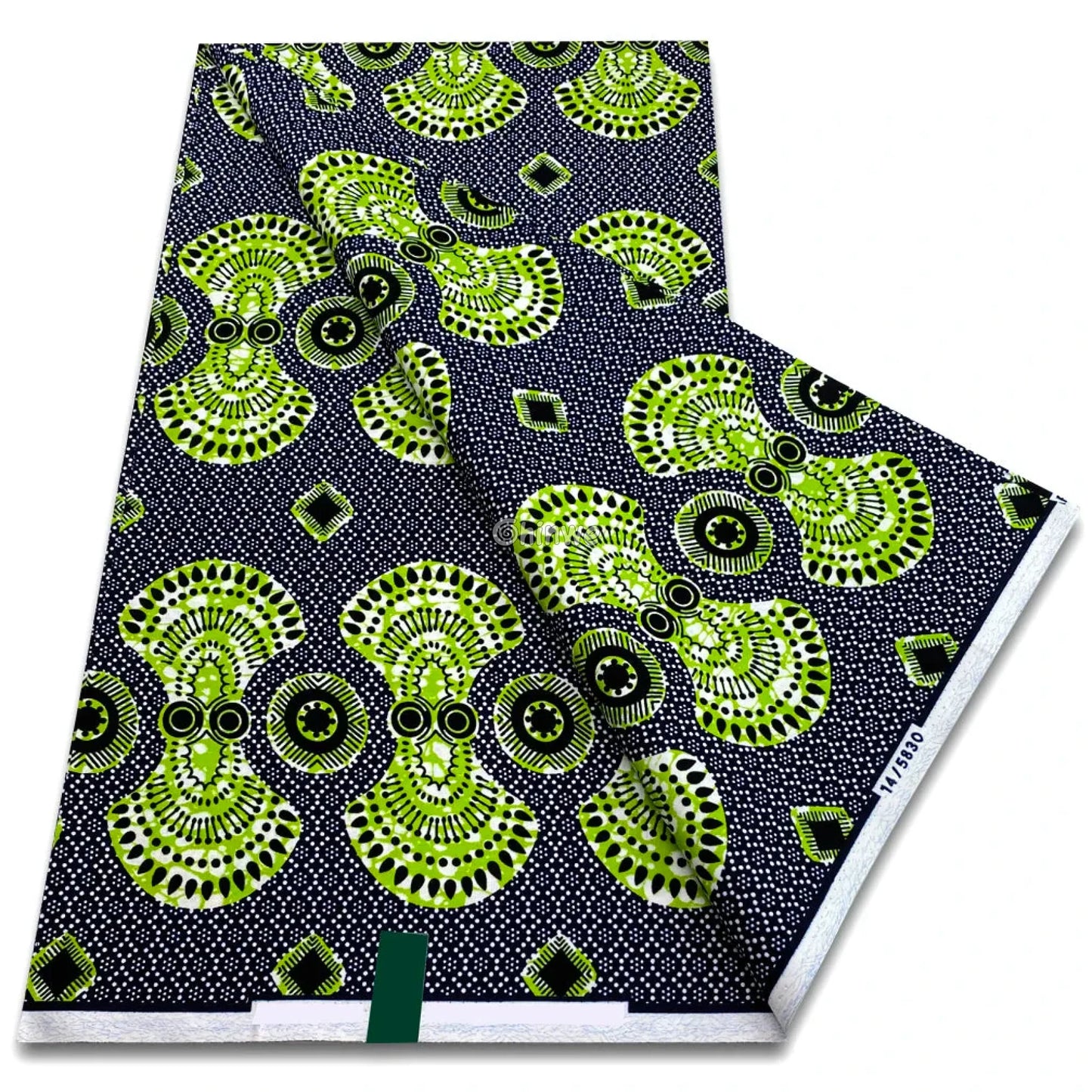 Lime Green Radiating Circles with Black and White Fan Motif on Midnight Dot Background Lime Echo / 6 yards
